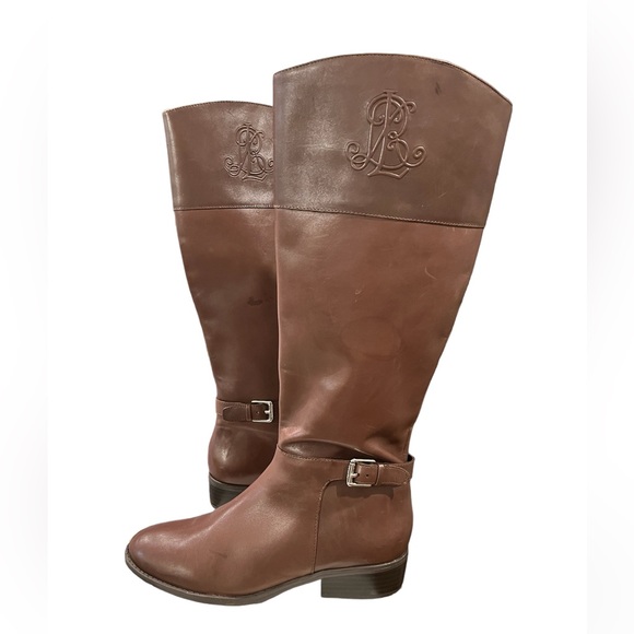 Lauren Ralph Lauren Madisen Leather Riding Boots Sz 7 Brown Embossed Monogram - Picture 3 of 14
